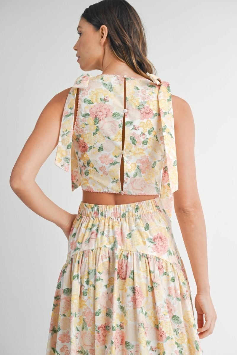 Mable Floral Tie Shoulder Crop Top with Flare Skirt Set