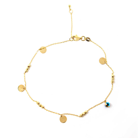 14K Yellow Gold Circles & Evil Eye Anklet