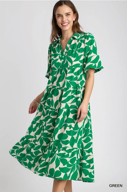 Umgee Two Tone Floral Print Collared A-Line Tiered Puff Sleeves Midi Dress