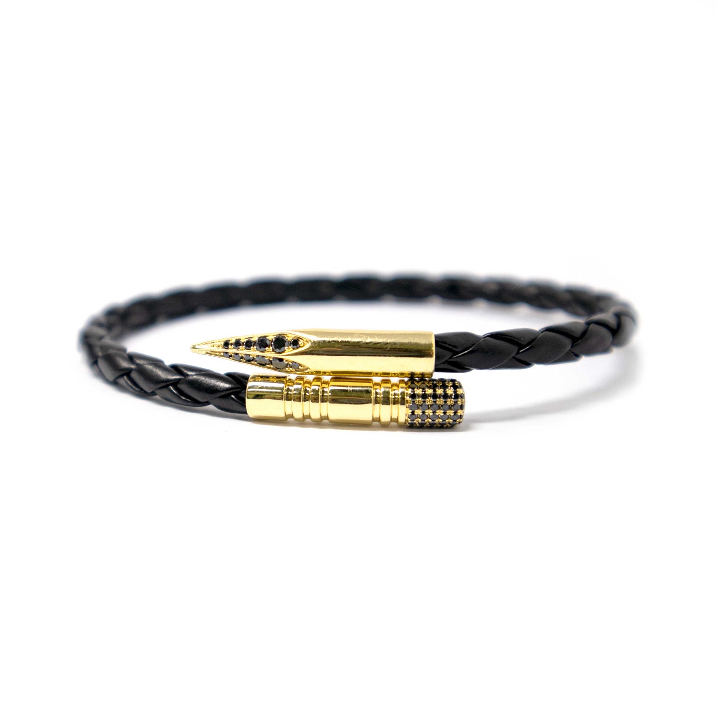 18K Classic Yellow Gold Man Leather Bracelet