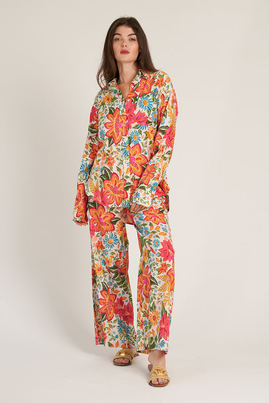 En Creme Tropical Floral Print Pants Set