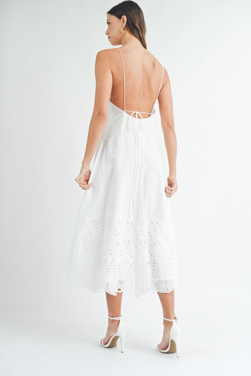 Mable Spaghetti strap eyelet embroidered lace open back midi dress