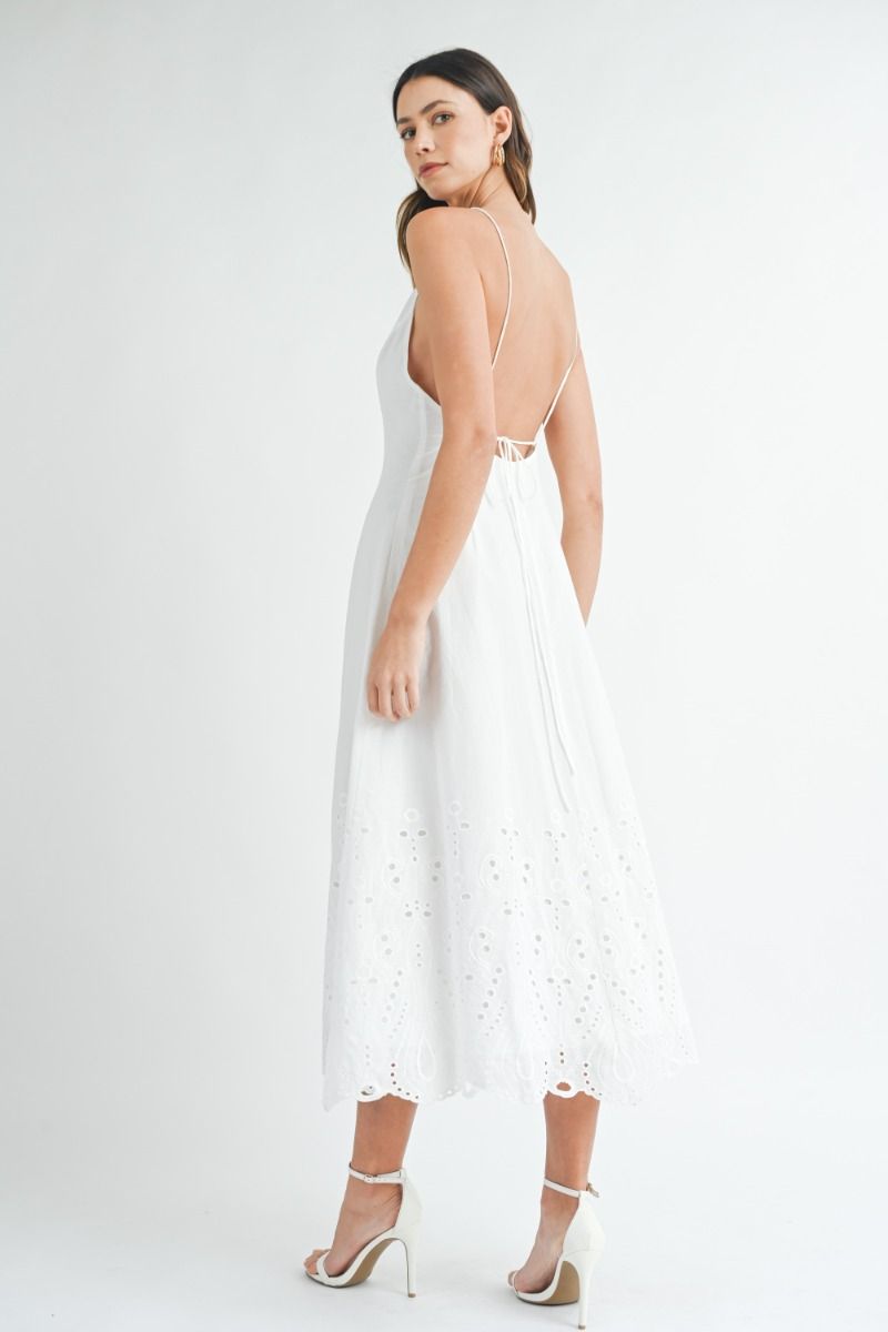 Mable Spaghetti strap eyelet embroidered lace open back midi dress