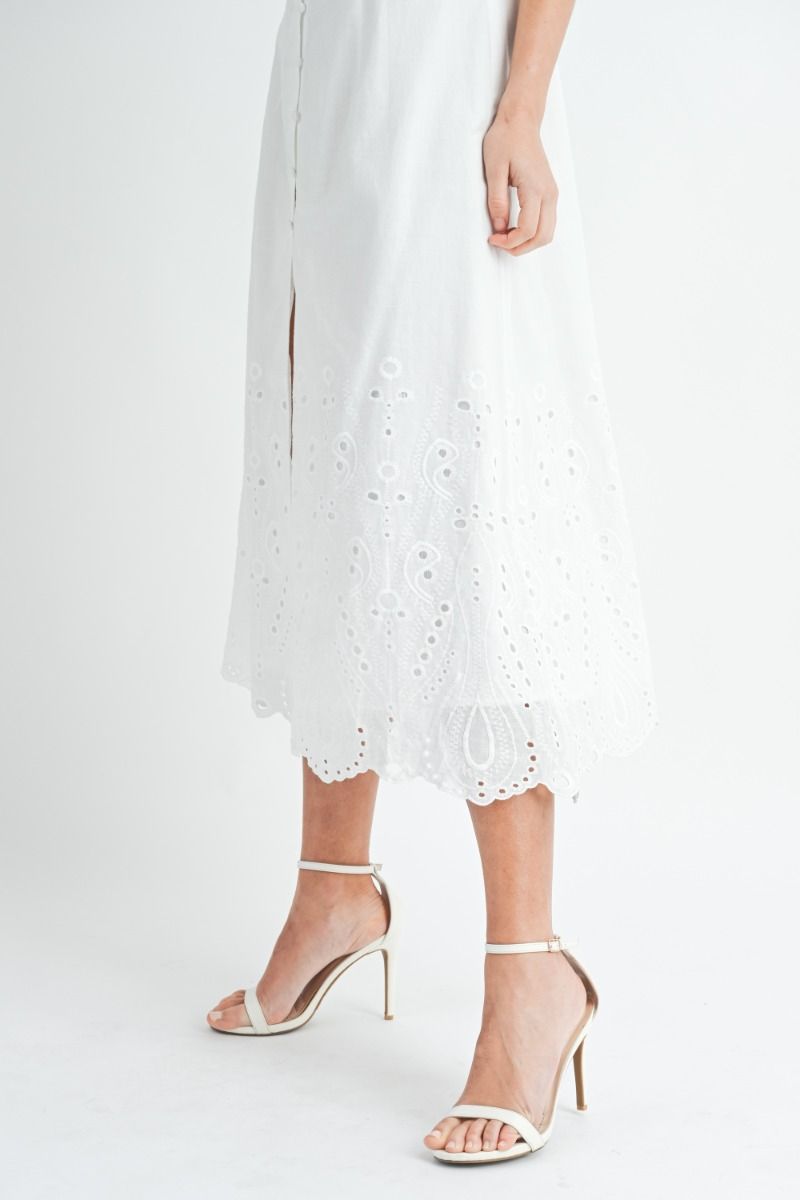 Mable Spaghetti strap eyelet embroidered lace open back midi dress