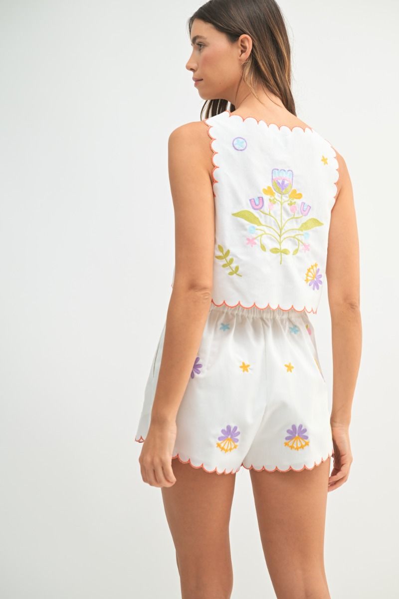 Mable  Linen Mix Floral Embroidered Scallop Crop Top and Matching Scallop Shorts Set