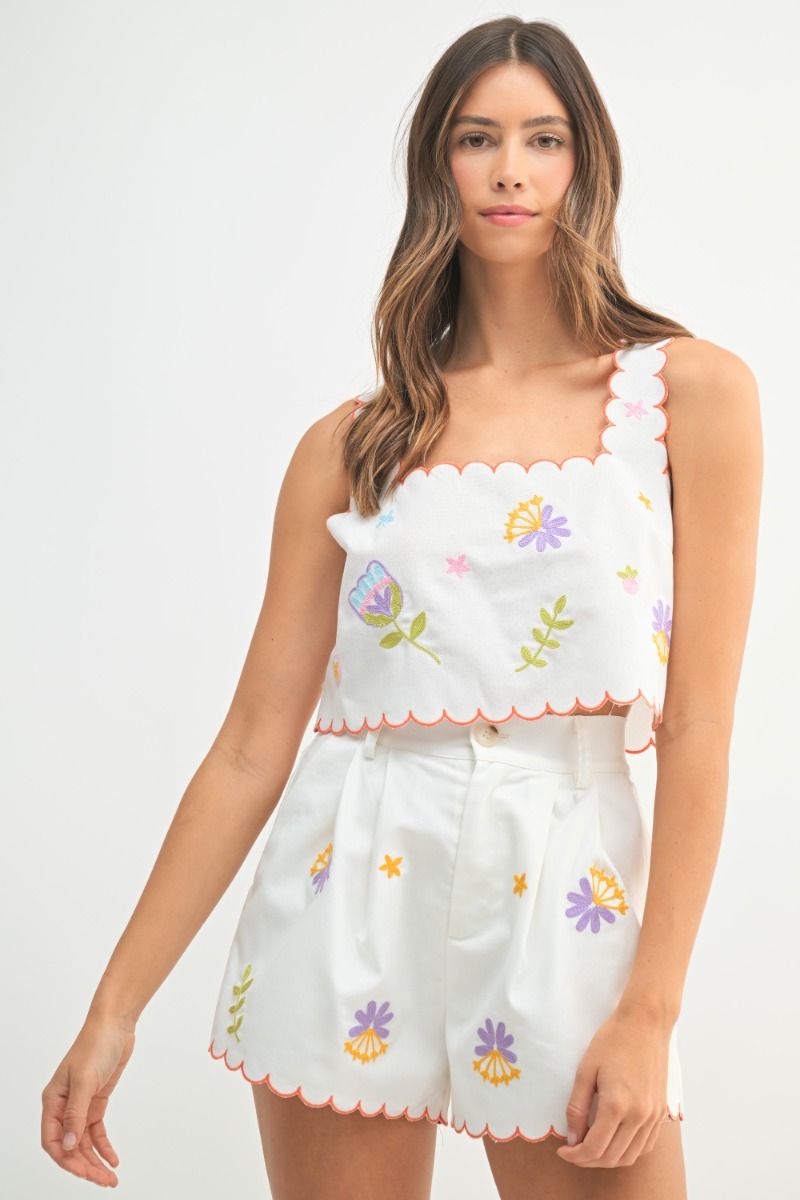 Mable  Linen Mix Floral Embroidered Scallop Crop Top and Matching Scallop Shorts Set